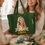 Personalized Flower Character Photo Large Capacity Corduroy Tote Bag with Name Daily Use Travel Birthday Gift for Women Friends