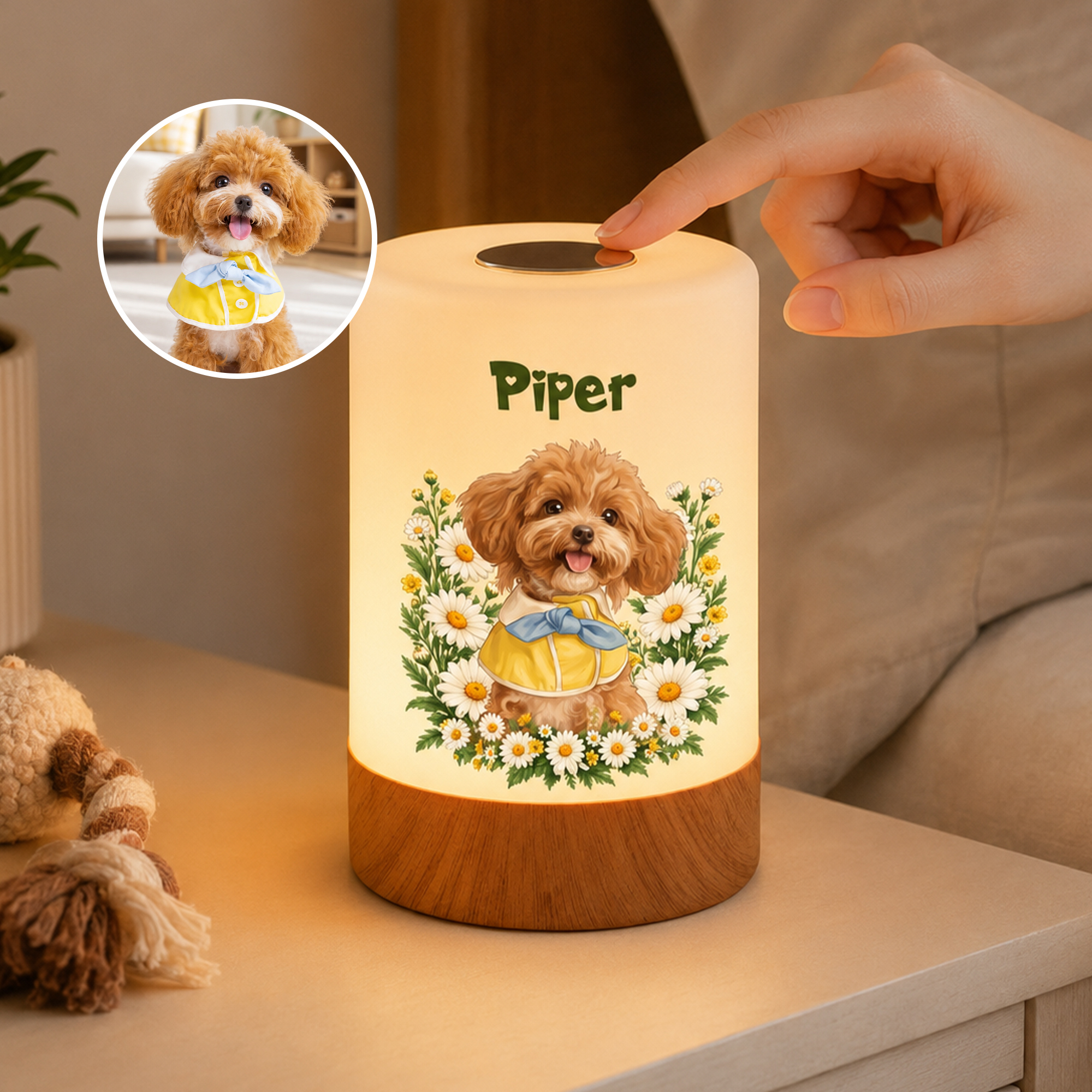 Personalisiertes Haustierfoto LED-Nachtlicht | mit Geburtsblumen & Namen | Touch-dimmbar | Geburtstag Geschenk für Tierliebhaber