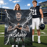 Personalised Lightning American Football Player Photo Soft Throw Blanket with Name and Number Home Decor Game Day Birthday Gift for Boy American Football Player