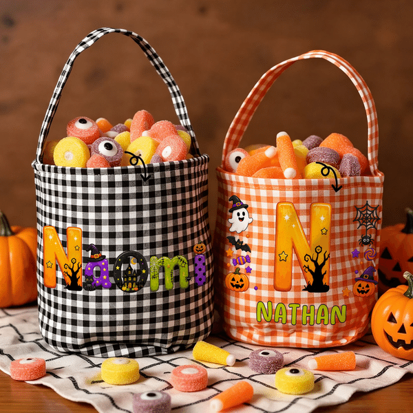 Henkilökohtainen Halloween-teemainen haamukurpitsa-ruudullinen karkkikori, jossa on nimi ja alkukirjain – ”Trick or Treat” -juhlaan sopiva Halloween-lahja lapsille