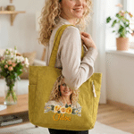 Personalized Flower Character Photo Large Capacity Corduroy Tote Bag with Name Daily Use Travel Birthday Gift for Women Friends
