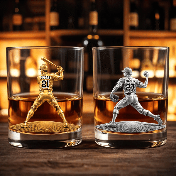 Personalized 3D-Effect Artwork Baseball Batter Pitcher Pattern 10 oz Rock Whisky Glass with Name and Number Anniversary Gift for Man Baseball Lover