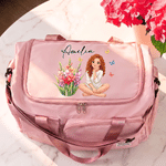 Personalised Birth Flower Butterfly Cartoon Character Multi-Compartment Travel Bag with Name and Shoulder Strap Birthday Gift for Women Friends