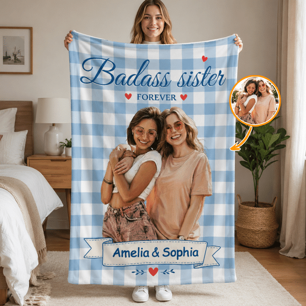 Personalized Illustration Photo Checked Pattern Soft Throw Blanket with Title and Name Bedroom Decor Birthday Anniversary Gift for Sisters Besties