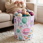 Personalized 3D Effect Yarn Crochet Hook Knitted Pattern Large Waterproof Laundry Storage Basket with Name Handle Birthday Gift for Knitting Lovers