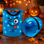 Individuell gestalteter LED-Süßigkeiten-Eimer im Halloween-Design mit Gesichtsausdruck und Namensaufdruck – Halloween-Geschenk für Kinder zur „Süßes oder Saures“-Party