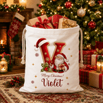 Personalised Merry Christmas Santa Claus Canvas Drawstring Gift Bag with Name and Initial Christmas Eve Party Gift for Kid