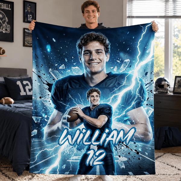 Personalised Lightning American Football Player Photo Soft Throw Blanket with Name and Number Home Decor Game Day Birthday Gift for Boy American Football Player