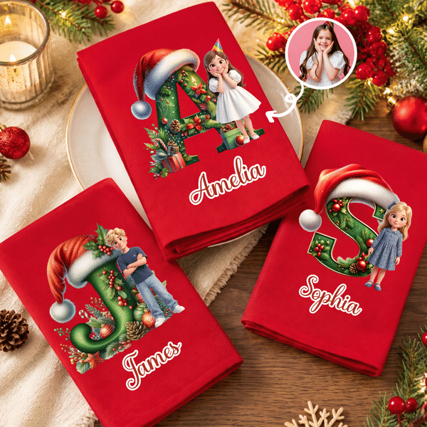 Personalized 3D-Style Artwork Character Photo Santa Hat 100% Cotton Napkin with Name and Initial Table Decor Christmas Gift for Family Friends