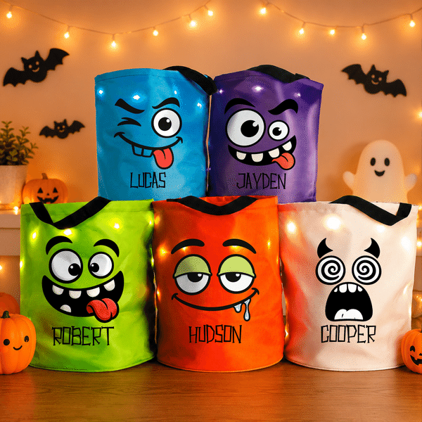 Individuell gestalteter LED-Süßigkeiten-Eimer im Halloween-Design mit Gesichtsausdruck und Namensaufdruck – Halloween-Geschenk für Kinder zur „Süßes oder Saures“-Party