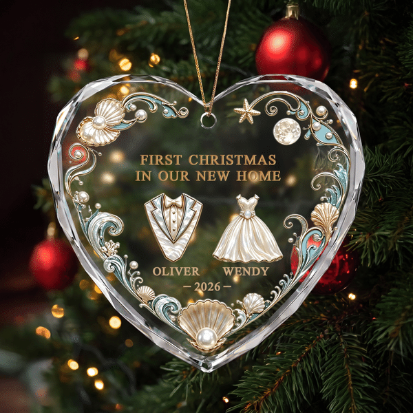 Personalised  3D-Effect Artwork First Christmas Heart‑Shaped Ornament with Name and Year Tree Decor Christmas Gift for Newlyweds Couples