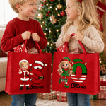 Personalised 3D-Effect Art Cartoon Character Photo Red Jute Tote Bag with Name and Initial Christmas Eve Party Gift for Girls Boys