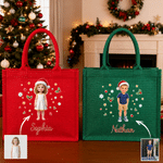 Personalized 3D-Effect Artwork Christmas Theme Cartoon Photo Large Jute Tote Bag with Name Christmas Party Gift for Kids Family Friends