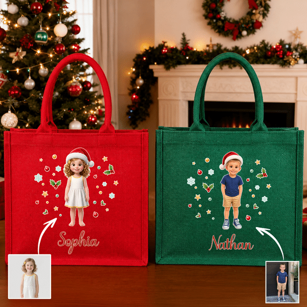 Personalized 3D-Effect Artwork Christmas Theme Cartoon Photo Large Jute Tote Bag with Name Christmas Party Gift for Kids Family Friends