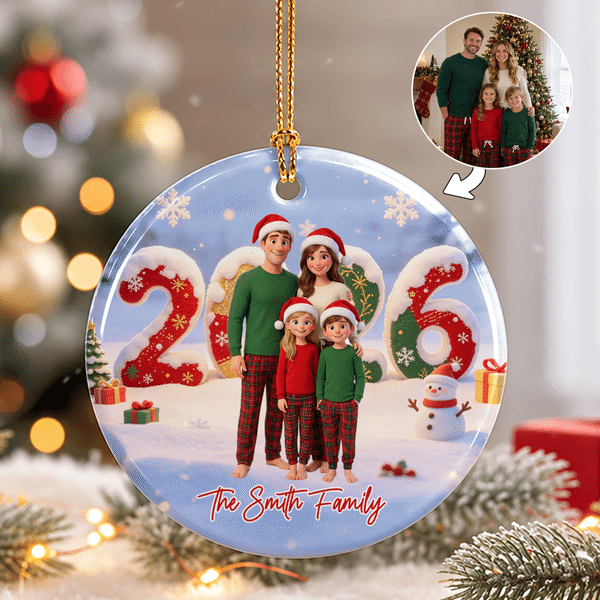 Gepersonaliseerd keramisch ornament met 3D-effect, cartoonafbeelding, familiefoto en besneeuwd landschap, met tekst – woondecoratie, kerstcadeau voor familie en vrienden