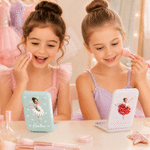 Individuell gestalteter, doppelseitiger Kosmetikspiegel mit Cartoon-Motiv „Ballettmädchen“ und Geburtsblume, mit Namen und LED-Beleuchtung – Geburtstagsgeschenk für Ballettbegeisterte