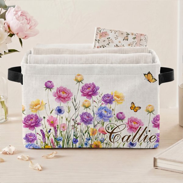 Personalized Birth Flower Design Name Large Capacity Reusable Basket with Handle Daily Use Storage Birthday Gift for Friends Family