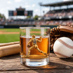 Personalized 3D-Effect Artwork Baseball Batter Pitcher Pattern 10 oz Rock Whisky Glass with Name and Number Anniversary Gift for Man Baseball Lover