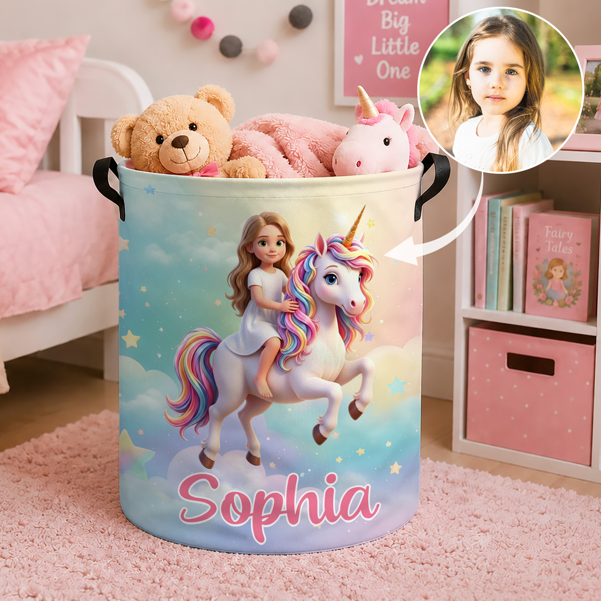 Individuell gestalteter Wäschekorb mit großem Fassungsvermögen und Foto einer Fantasy-Einhorn-Zeichentrickfigur – mit Namen – als Zimmerdekoration und Geburtstagsgeschenk für Kinder