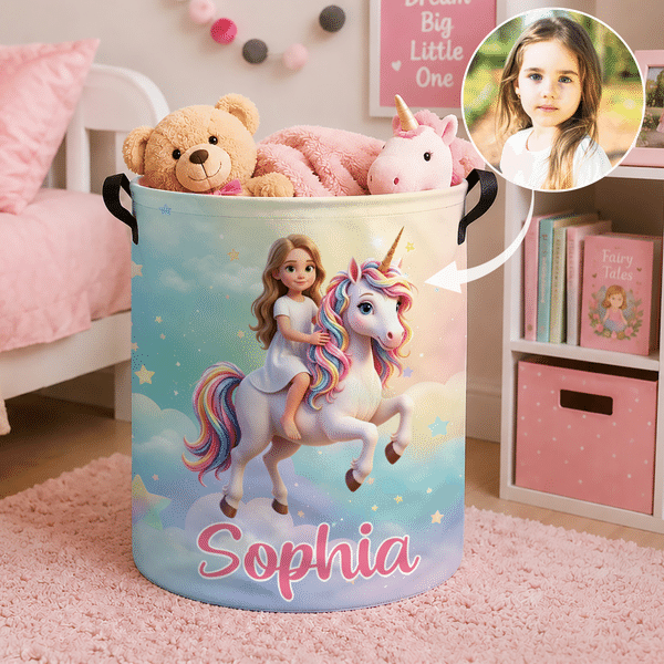 Personalized Fantasy Unicorn Cartoon Character Photo Large Capacity Storage Laundry Basket with Name Room Decor Birthday Gift for Kids Kids