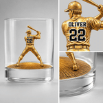 Personalized 3D-Effect Artwork Baseball Batter Pitcher Pattern 10 oz Rock Whisky Glass with Name and Number Anniversary Gift for Man Baseball Lover