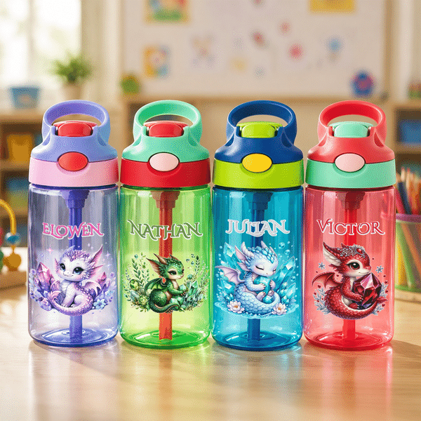 Gourde pour enfant personnalisée de 16 oz, colorée, avec dragon et pierre de naissance, avec prénom – Cadeau de rentrée scolaire pour les enfants et les élèves