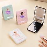 Individuell gestalteter, doppelseitiger Kosmetikspiegel mit Cartoon-Motiv „Ballettmädchen“ und Geburtsblume, mit Namen und LED-Beleuchtung – Geburtstagsgeschenk für Ballettbegeisterte