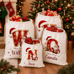 Personalised Merry Christmas Santa Claus Canvas Drawstring Gift Bag with Name and Initial Christmas Eve Party Gift for Kid