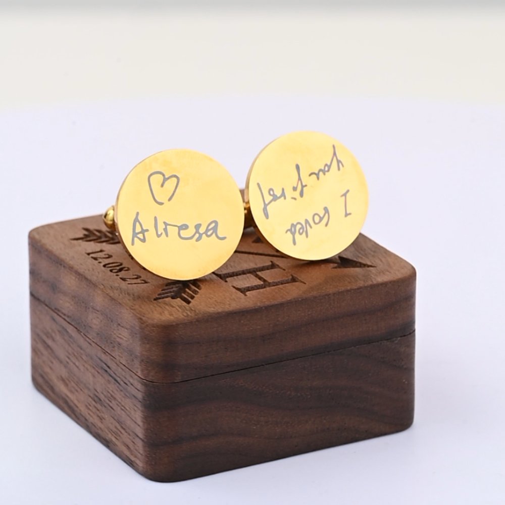 Personalised Engraved Handwriting Font Text Cufflinks Set of 2 with Wooden Box Wedding Anniversary Gift for Groom Groom Husband Father of the Bride 3