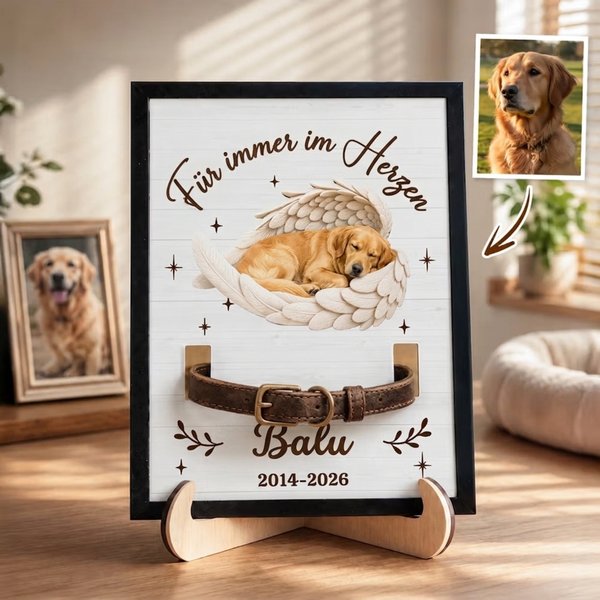 Personalisierter Haustier Gedenkrahmen mit Halsbandhalter | mit Namen und Text | Holz-Aufsteller | Trauer & Abschied Geschenk für Tierbesitzer