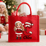 Personalised 3D-Effect Art Cartoon Character Photo Red Jute Tote Bag with Name and Initial Christmas Eve Party Gift for Girls Boys