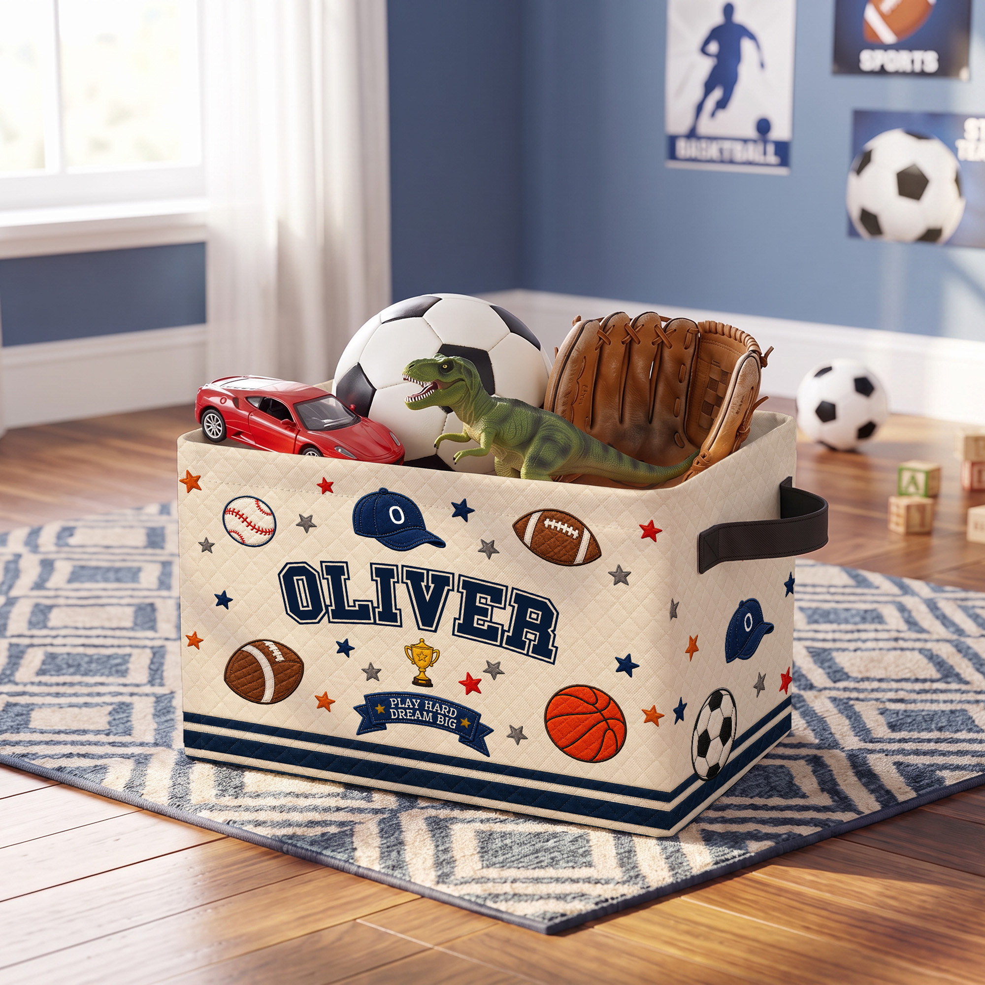 Individuell gestalteter Aufbewahrungskorb mit 3D-Effekt, Sportmotiven, großem Fassungsvermögen, Namensinitialen und Tragegriff – Wohnaccessoire und Geburtstagsgeschenk für Kinder