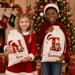 Personalised Merry Christmas Santa Claus Canvas Drawstring Gift Bag with Name and Initial Christmas Eve Party Gift for Kid