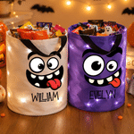 Individuell gestalteter LED-Süßigkeiten-Eimer im Halloween-Design mit Gesichtsausdruck und Namensaufdruck – Halloween-Geschenk für Kinder zur „Süßes oder Saures“-Party