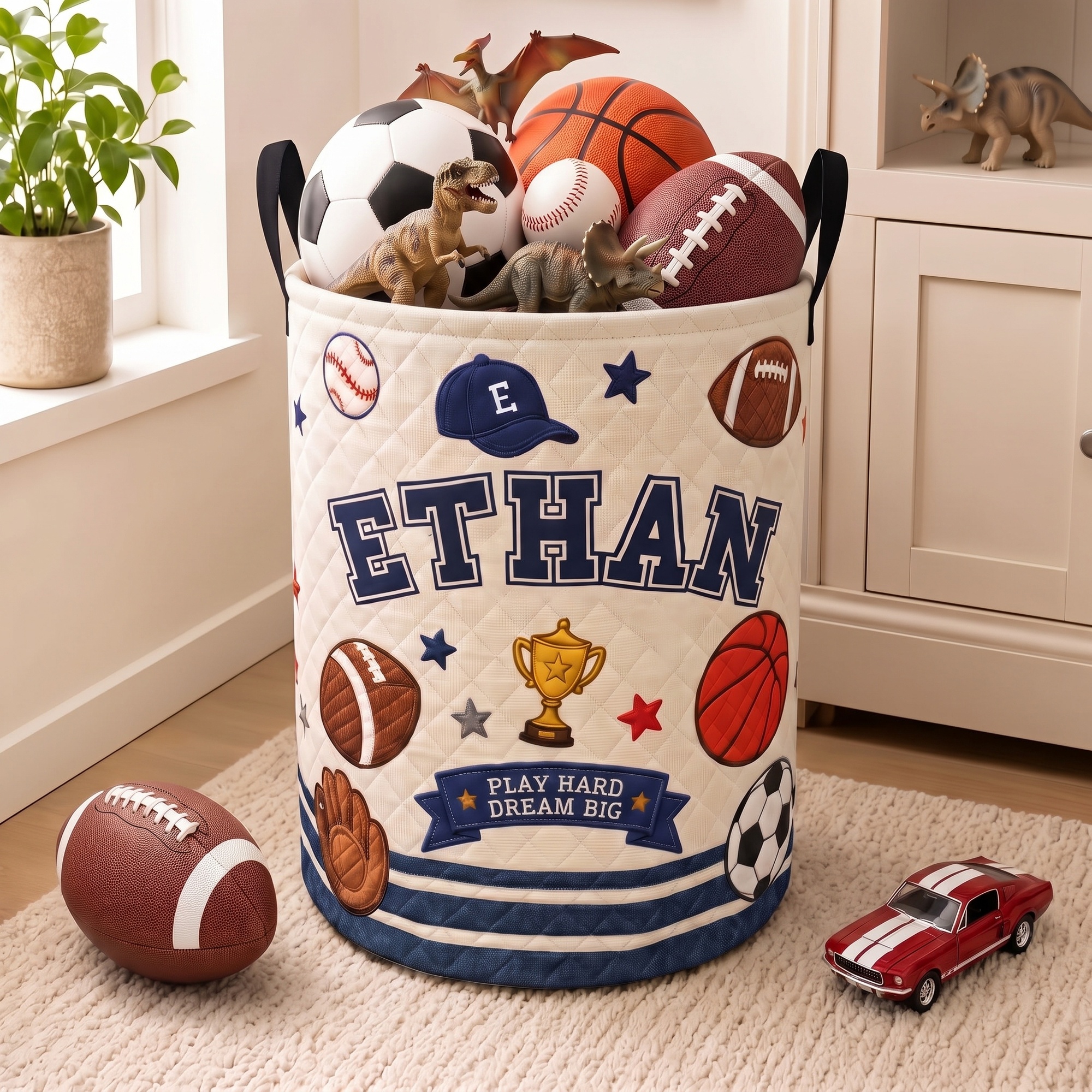 Individuell gestalteter Sportwagen-Cartoon-Ball im Quilt-Stil – großer Wäschekorb mit Namenszug – Wohnaccessoire – Geburtstags- und Weihnachtsgeschenk für Jungen und Jugendliche