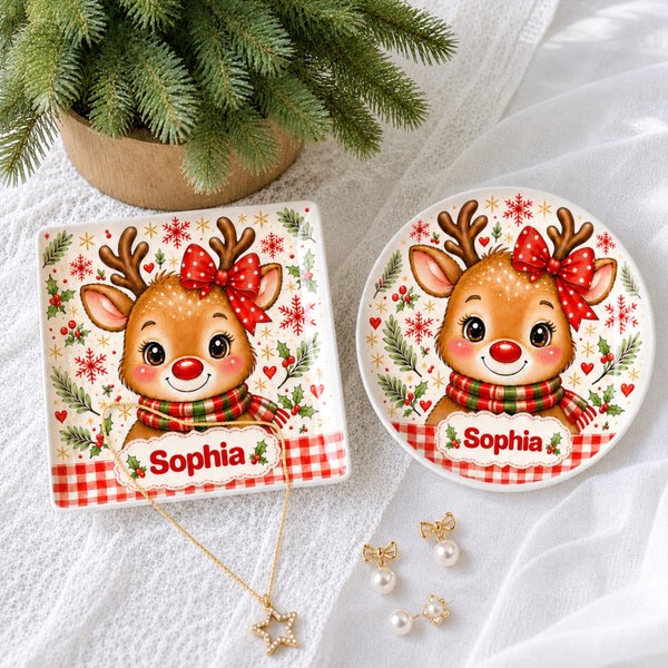 Personalized Winter Christmas Theme Cartoon Animal Ceramic Jewellery Dish with Name Home Decor Christmas Gift for Girls Kids