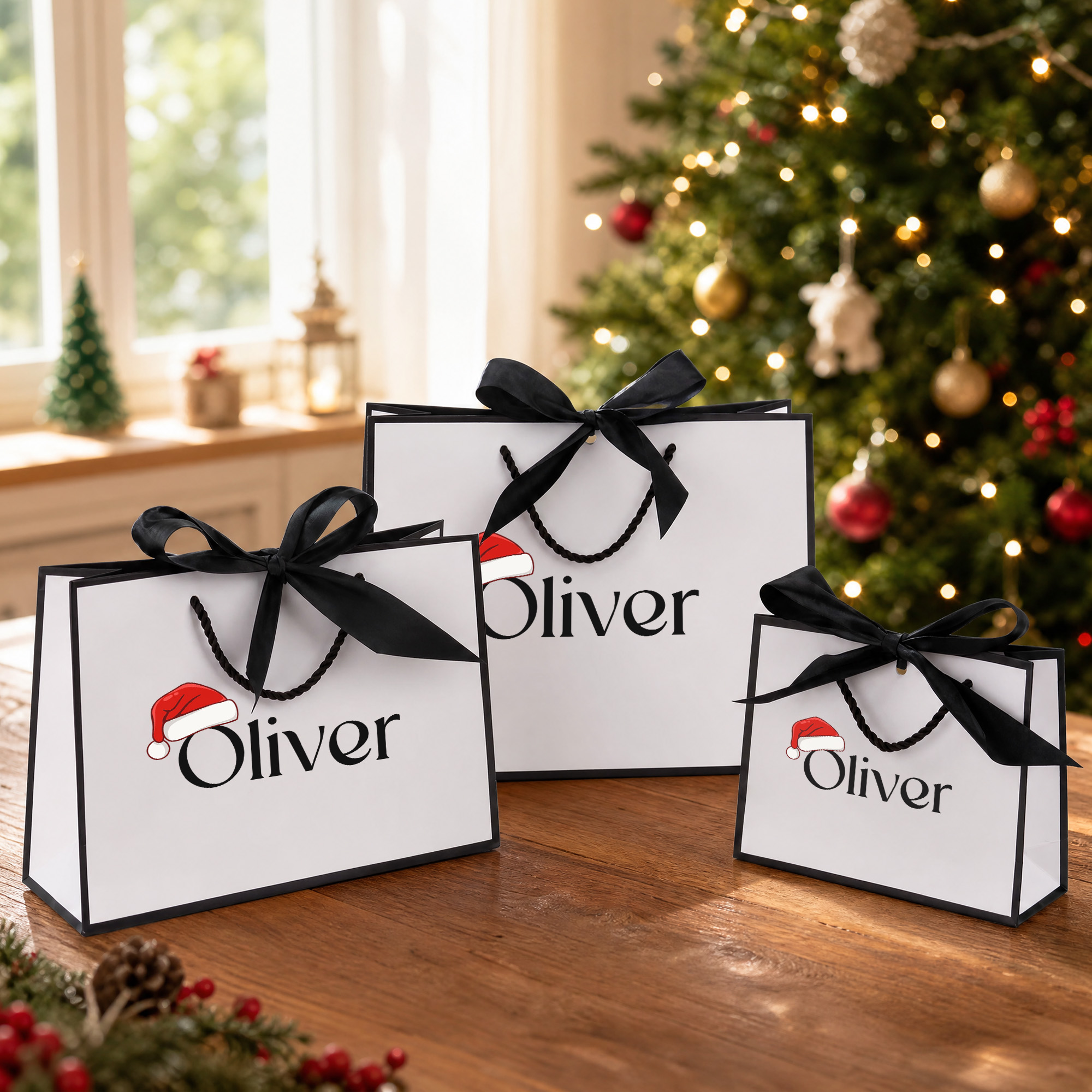 Personalisierte Geschenktüte mit Weihnachtsmütze und Namen sowie Schleife – 3er-Set – Weihnachtsgeschenk für Familie, Freunde und Kinder