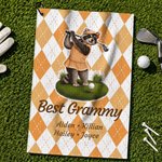 Personlig golfhandduk med tecknade djurmotiv, diamantmönster och snabbtorkande, med namn – för daglig användning, födelsedagspresent till golfentusiaster