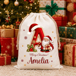 Personalised Merry Christmas Santa Claus Canvas Drawstring Gift Bag with Name and Initial Christmas Eve Party Gift for Kid