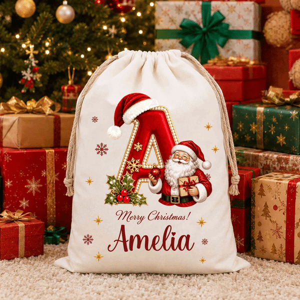 Personalised Merry Christmas Santa Claus Canvas Drawstring Gift Bag with Name and Initial Christmas Eve Party Gift for Kid