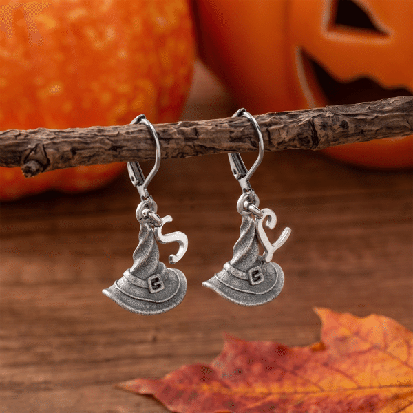 Personalized Vintage Gothic Witch Hat Leverback Earrings with Intial Charm Fall Spooky Season Accessories Halloween Birthday Gift for Women