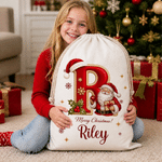Personalised Merry Christmas Santa Claus Canvas Drawstring Gift Bag with Name and Initial Christmas Eve Party Gift for Kid