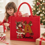 Personalised 3D-Effect Art Cartoon Character Photo Red Jute Tote Bag with Name and Initial Christmas Eve Party Gift for Girls Boys