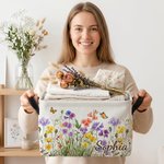Personalized Birth Flower Design Name Large Capacity Reusable Basket with Handle Daily Use Storage Birthday Gift for Friends Family