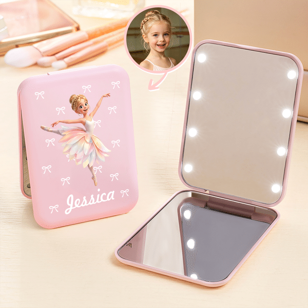 Individuell gestalteter, doppelseitiger Kosmetikspiegel mit Cartoon-Motiv „Ballettmädchen“ und Geburtsblume, mit Namen und LED-Beleuchtung – Geburtstagsgeschenk für Ballettbegeisterte