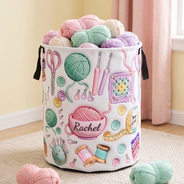 Personalized 3D Effect Yarn Crochet Hook Knitted Pattern Large Waterproof Laundry Storage Basket with Name Handle Birthday Gift for Knitting Lovers