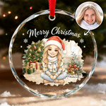 Personalised Watercolor String Lights Cartoon Photo Heart Round Christmas Ornament with Name Christmas Gift for Family Friends Pet Owners