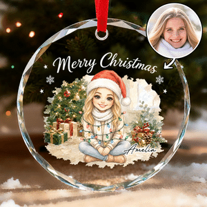 Personalised Watercolor String Lights Cartoon Photo Heart Round Christmas Ornament with Name Christmas Gift for Family Friends Pet Owners