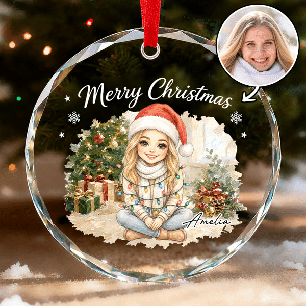 Personalized Watercolor String Lights Cartoon Photo Heart Round Christmas Ornament with Name Christmas Gift for Family Friends Pet Owners
