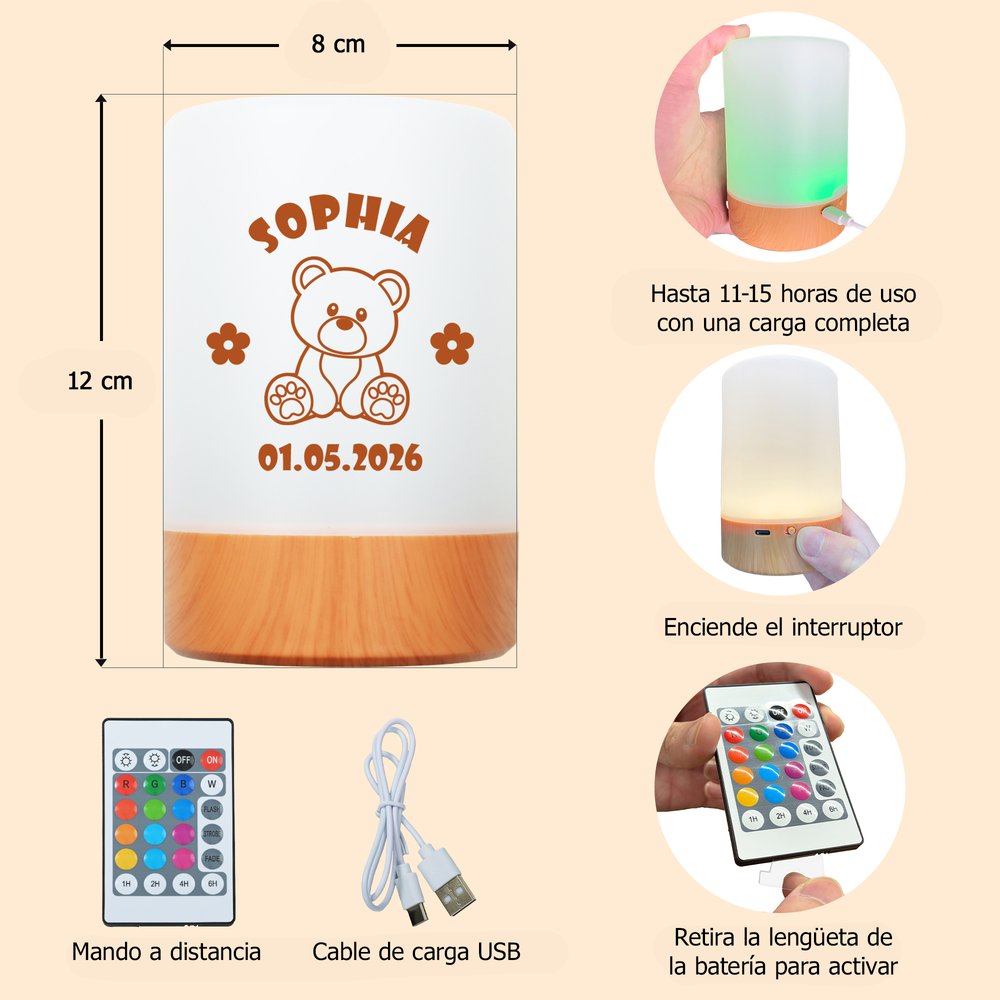 Luz nocturna LED personalizada de acrílico con nombre fecha y diseño de animal táctil regulable regalo de cumpleaños para niños 10
